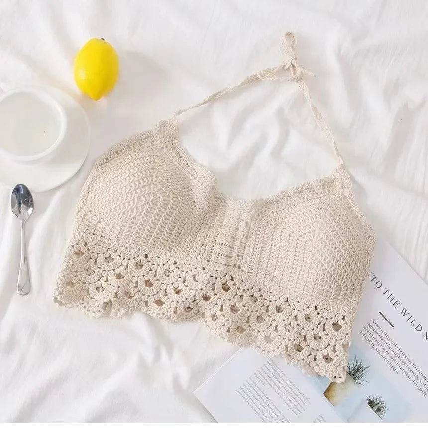 Women Beach Crop Tops Hollow Cover-Ups Perspective Tassel Sexy Spaghetti Strap Swinwear Built In Bra Backlless Halter Neck - AIAZ