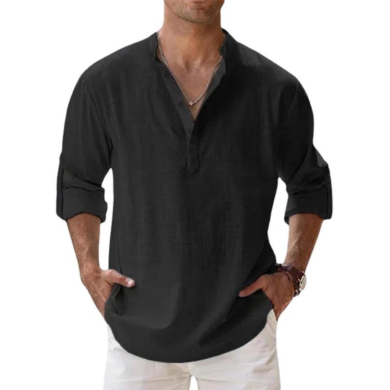 New Cotton Linen Shirts for Men Casual Shirts Lightweight Long Sleeve Henley Beach Shirts Hawaiian T Shirts for Men - AIAZ
