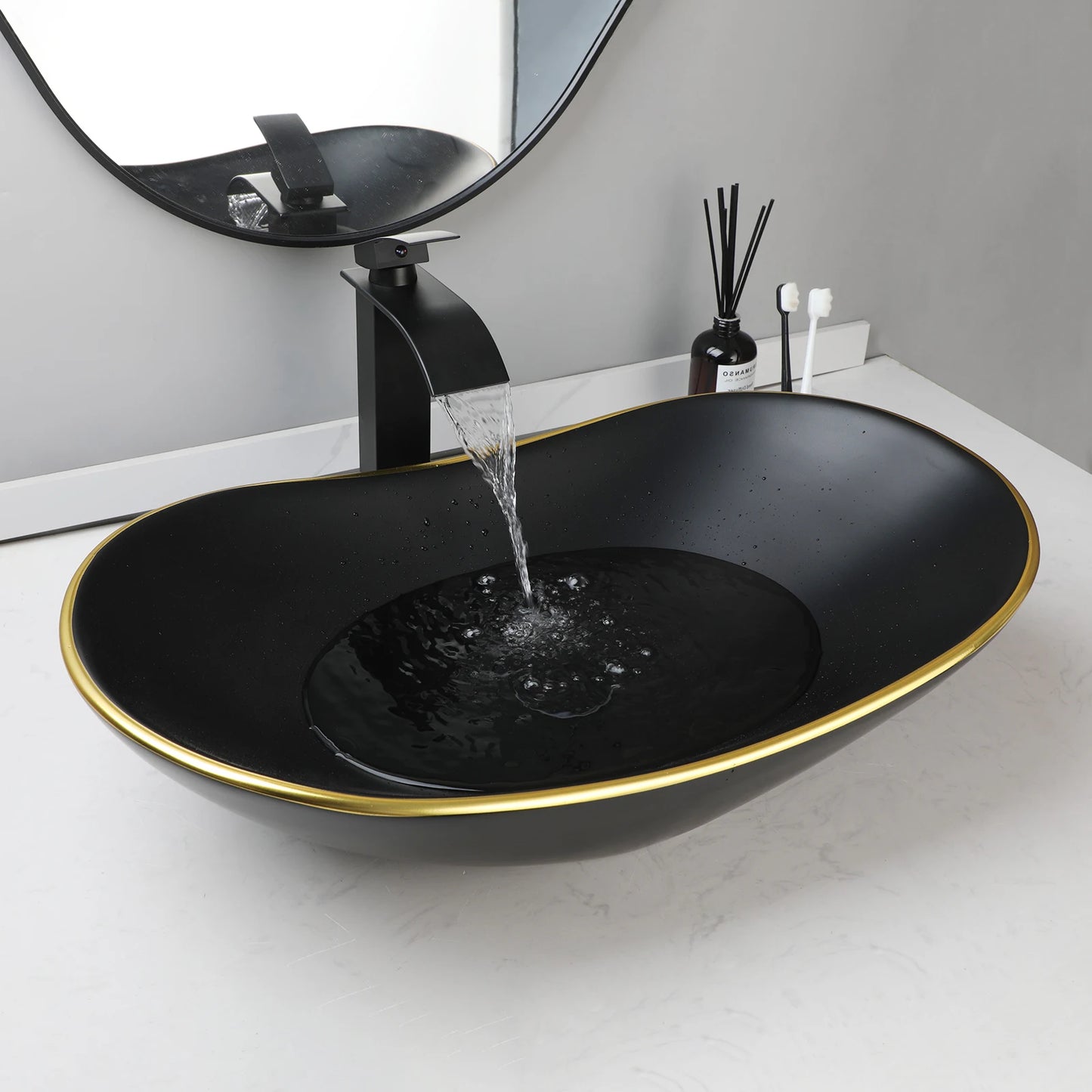 JIENI European Style Bathroom Sink Set Ceramic Washbasin Black Waterfall Faucet Pop Up Drain Combo Oval Counter Top Sinks