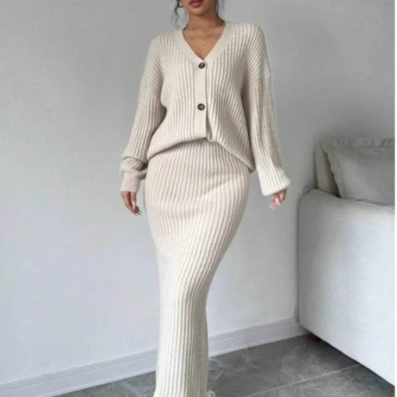 Women's Long Sleeved Jacket Sweater V-neck Cardigan Loose Two-piece Set Solid Color Knitted Hip Skirt Set - AIAZ