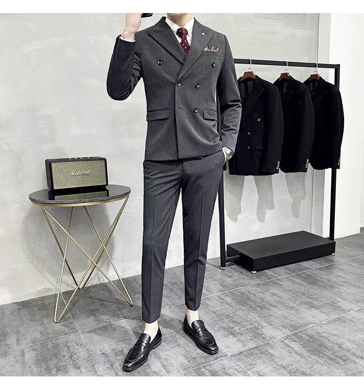 Jackets + Pants / Groom's Wedding Dress Best Fashion Mans Double -breasted Suit Blazer Trousers Male Formal Business Office Suit - AIAZ