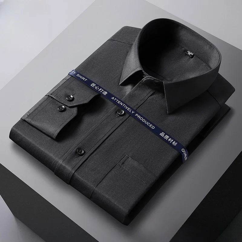 Men Formal Shirt Long Sleeve Office Solid Color Anti-Wrinkle Fashion Business Pocket White Social Pocket Shirts 5XL 6XL 7XL - AIAZ