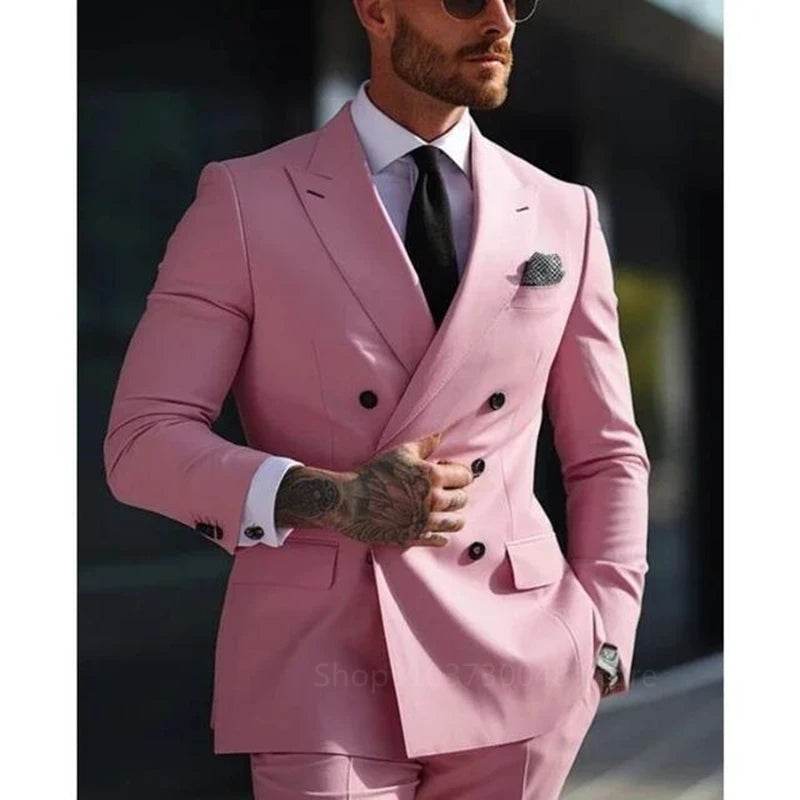 Solid 2 Pieces Men Suits Set Fashion New Men's Formal Business/Wedding Groom Suits Peak Lapel Double Breasted Blazer Trousers - AIAZ