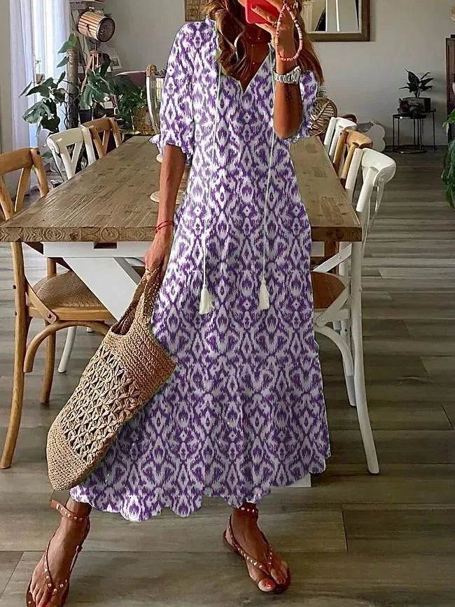 New Women's Spring Summer Dress Sexy V-neck Drawstring Printed Long-sleeved Dress Casual Loose Fashion Elegant Fresh Sweet Dress - AIAZ