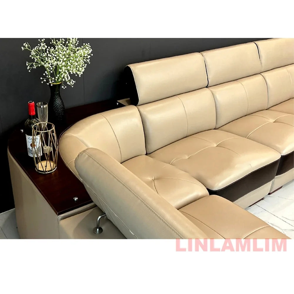 MINGDIBAO Modern Minimalist Genuine Leather Sectional Sofa with Console, Storage and Speaker Italian Leather Living Room Couch