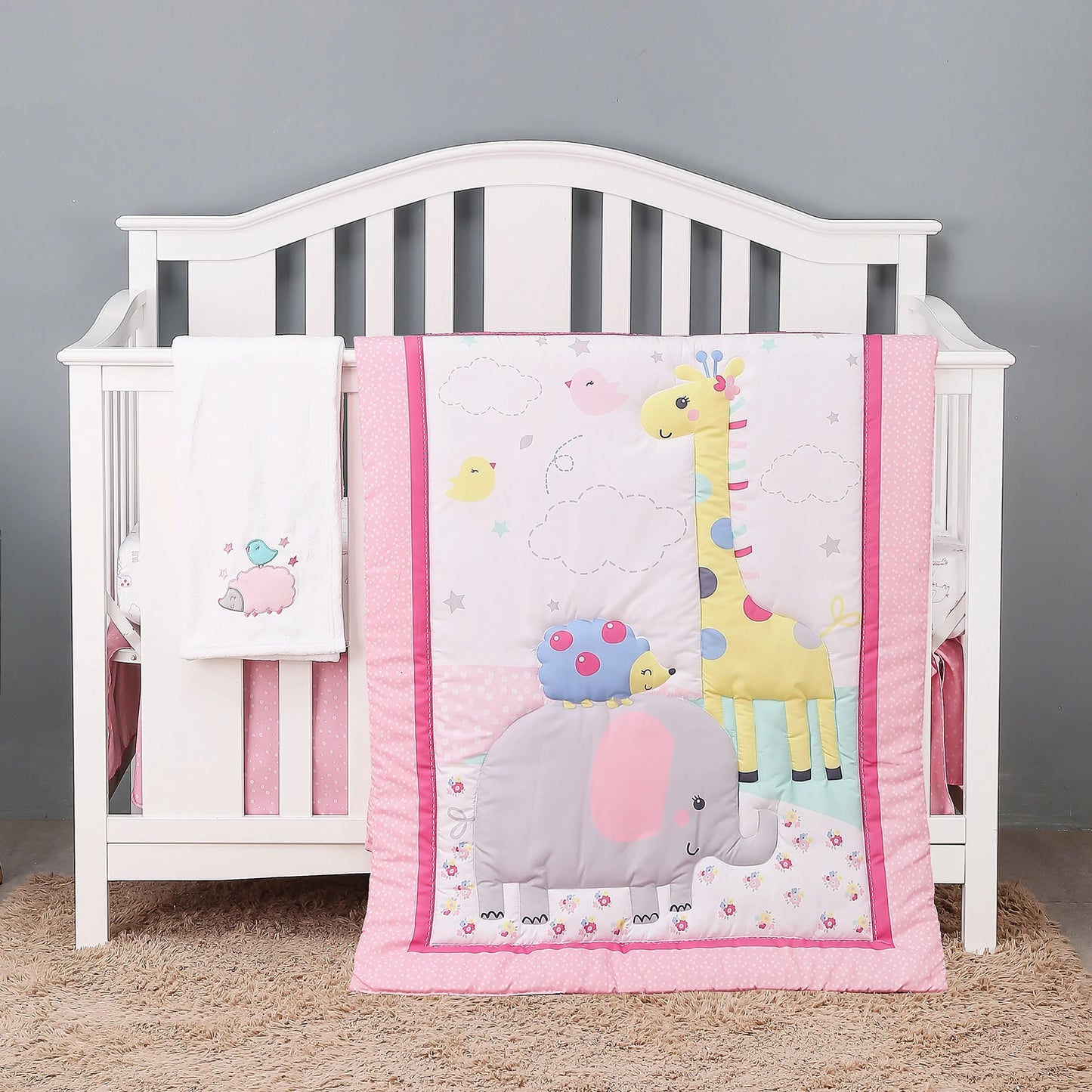 4Pcs Baby Bedding Crib Set Nursery Bedding Set Cot Bedding Set Infant Nursery Room (Comforter Fitted Sheet Crib Skirt Blanket)