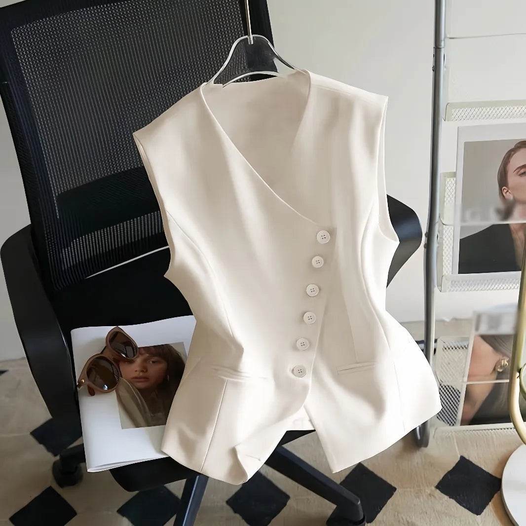 Vest Tops Women Vests V Neck Sleeveless Coats Single Breasted Slim High Waist Coat Y2k Streetwear Elegant Work Off White Jackets - AIAZ
