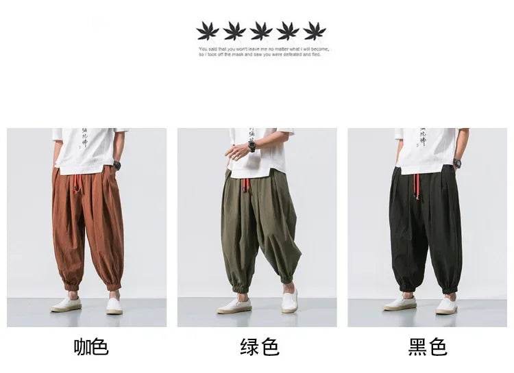 New Trendy Men Harem Pants Loose Oversized Style Cotton and Linen High Quality Jogger Sweatpants Casual Male Trousers - AIAZ