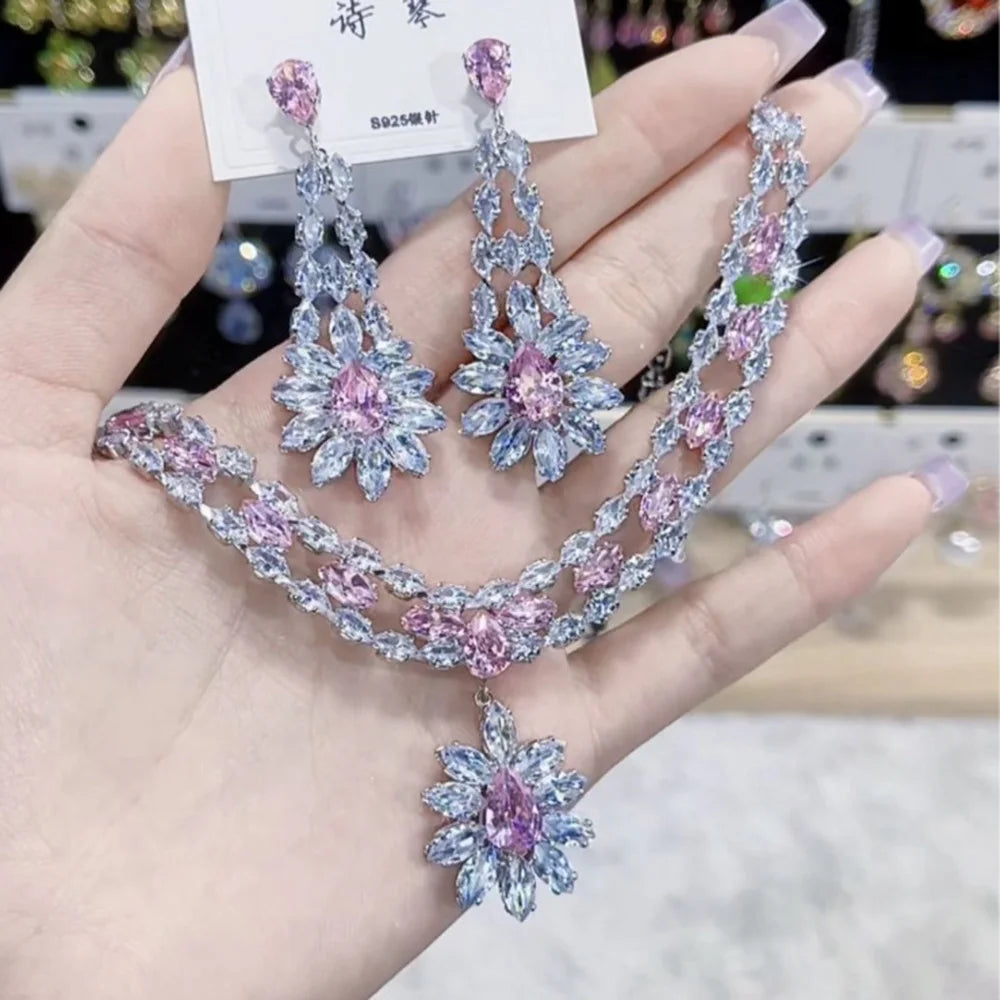 Women's Fashion Luxury Zirconia Crystal Pink Necklace Earrings Set Bracelet Jewelry Set Bridal Wedding Banquet Party Holiday