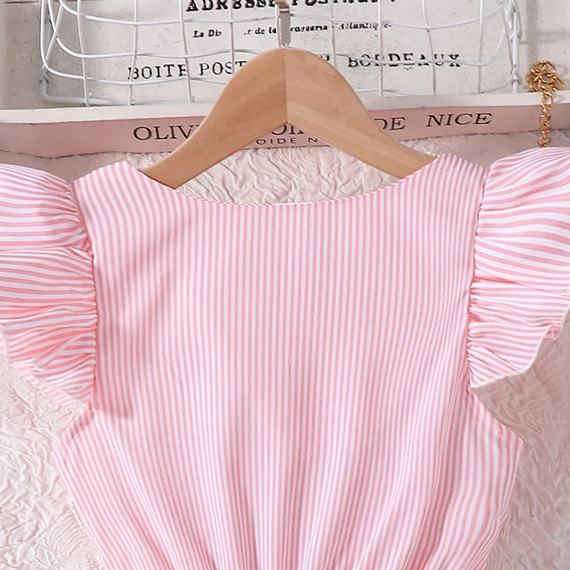 Girl Dress Summer New Light Blue Stripe Ruffled Sleeveless V-Neck Dress Elegant Cute Daily Casual Vacation Preppy Style Outifits