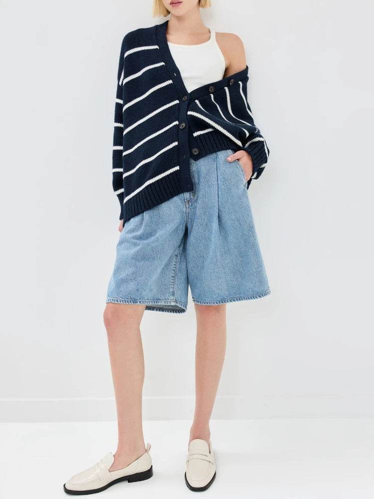 Striped Knitted Cardigan for Women European and American Style New Autumn and Winter 2025 V-Neck Long Sleeve Cardigan Sweater - AIAZ