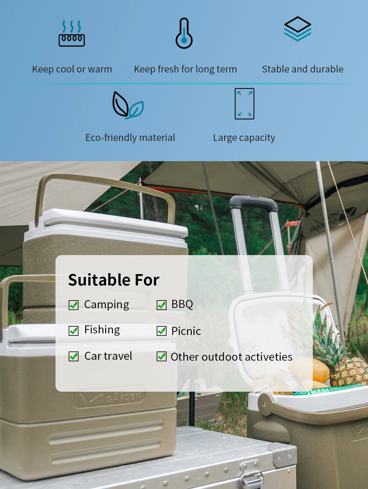 MOBI GARDEN Camping Cooler Box Ice Box Food&Drink Portable Outdoor Picnic Keep Fresh Refrigerator