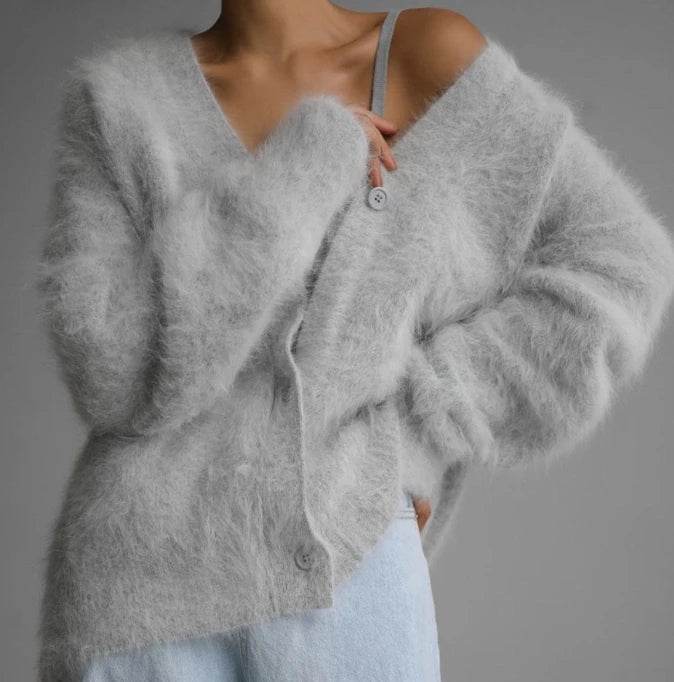 Cardigan for Women 2025 Autumn Fashion V-Neck Knitted Sweater Loose Solid Color Long Sleeves Casual Daily Cardigan Coat - AIAZ