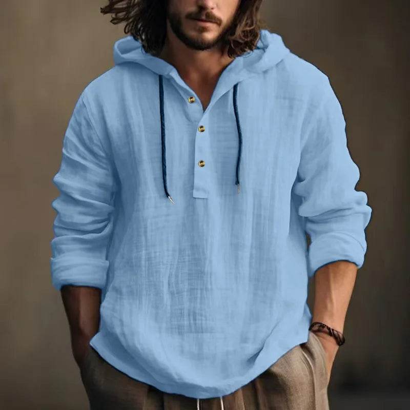 24 New cotton and linen shirts hooded loose large size casual sweater long sleeve hoodie men - AIAZ