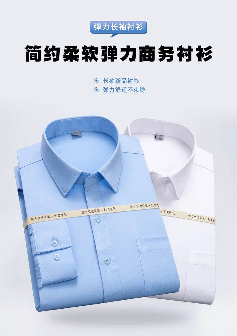 Classic Shirts For Men Long Sleeve Business Causal Stretch Soft Solid Formal Anti-wrinkle Non-iron Navy Party Wedding Blouse 5XL - AIAZ