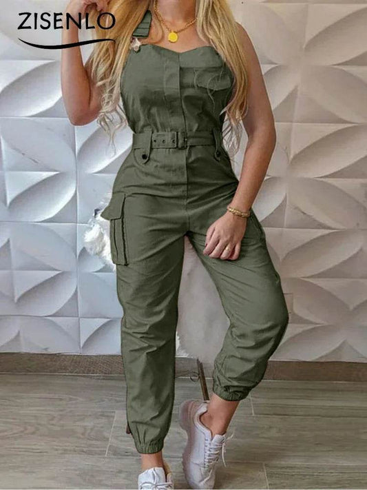 Long Jumpsuits Summer Belt Type Sleeveless Work Jumpsuits Solid Color Casual Trousers Chic and Elegant Woman Overalls One Pieces - AIAZ