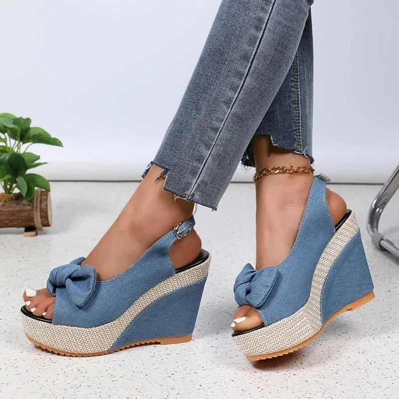 Fashion Bowknot Wedge Heel Sandals for Women Denim Peep Toe Chunky Platform Sandalias Mujer Back Strap High Heel Gladiator Shoes