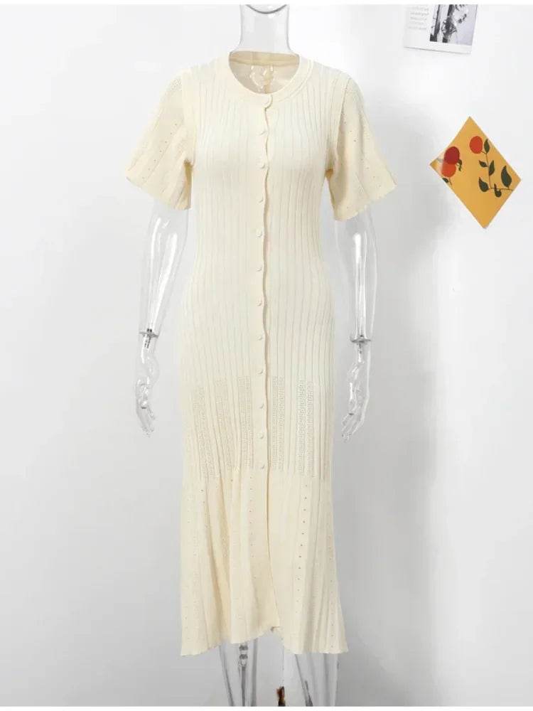 Elegant Knit Dress For Women White Slim O-neck Single Breasted Short Sleeve Long Dresses Female 2025 Spring Fashion Lady Robe - AIAZ