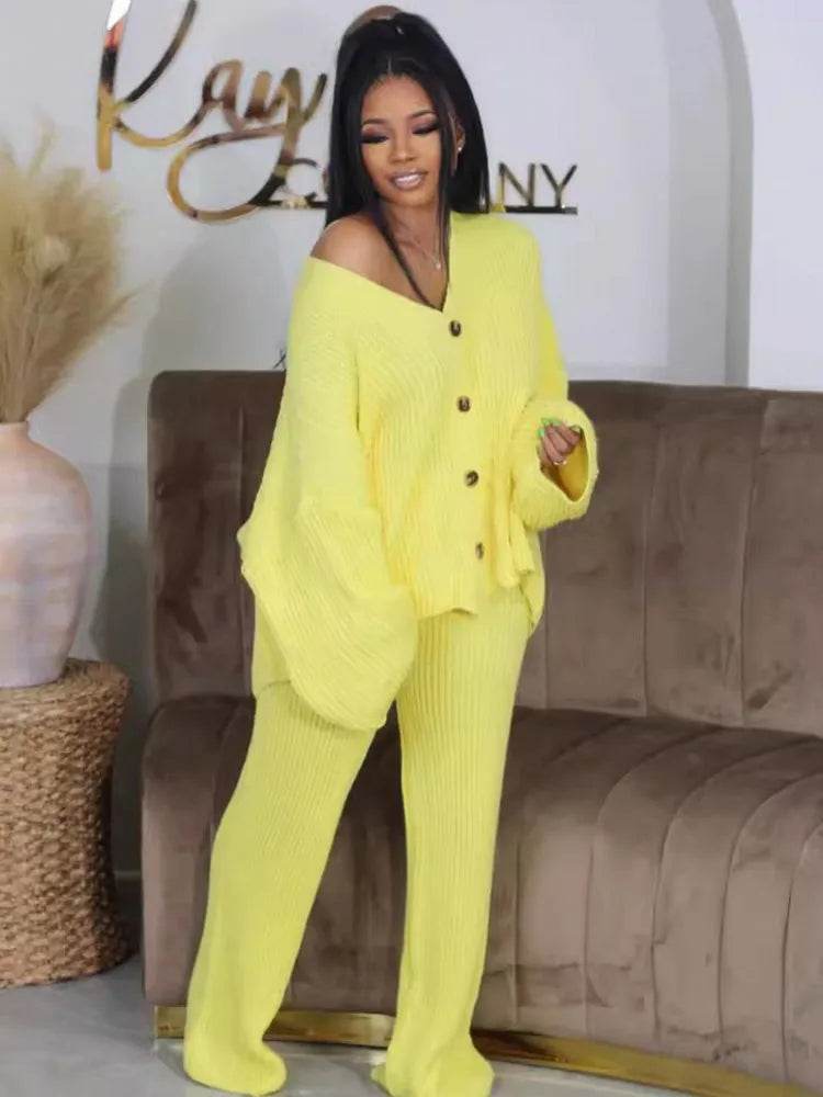 2 Piece Women Sets 2024 Autumn Winter Matching Sets Knitting Two Pieces Sets Sweater Top And Pants Suits Outfits Clothing - AIAZ