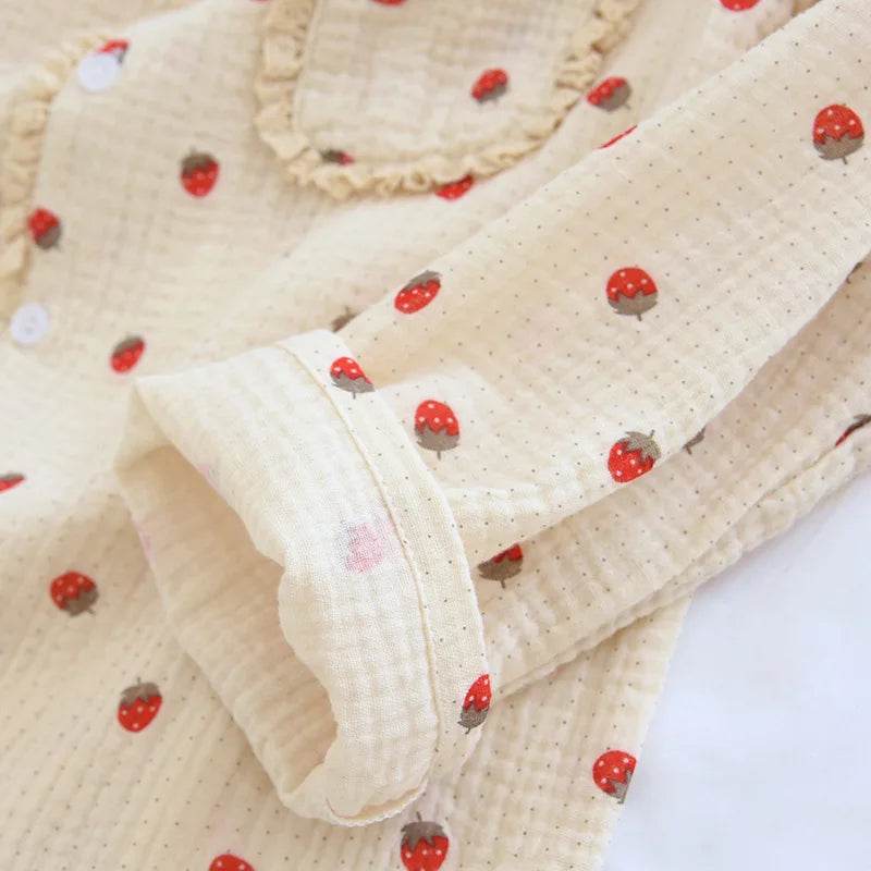 Autumn New Sleepwear Women Two Piece Pajamas Set Ladies Nighty Pure Cotton Pyjama Sweet Girl Strawberry Print Home Clothes - AIAZ