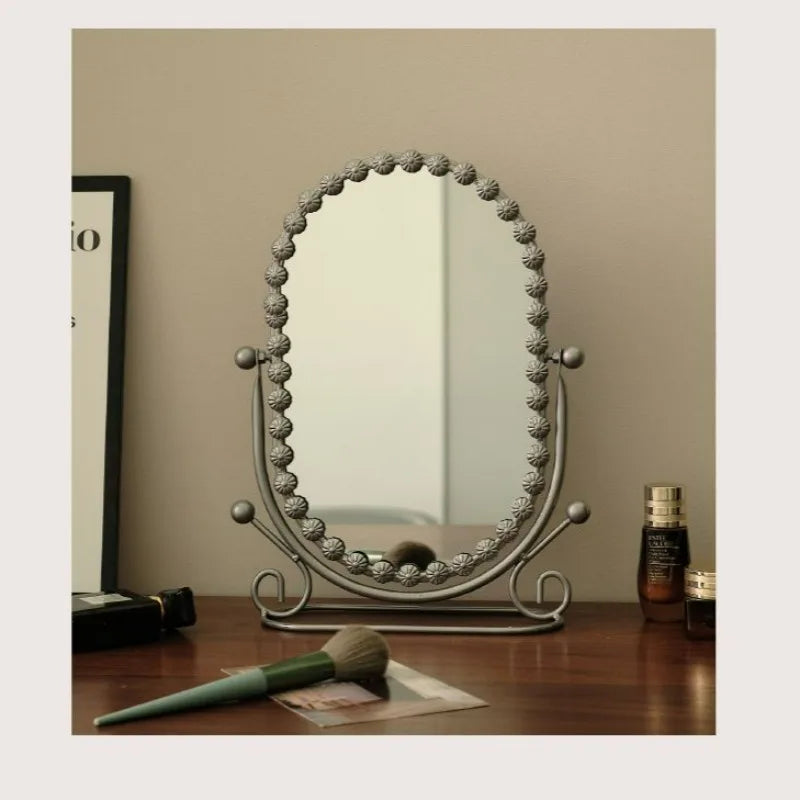 Light Luxury Wrought Iron Vertical Mirror Rotatable Retro Makeup Mirror Bedroom Vanity Mirror Desktop Ornament Photo Props