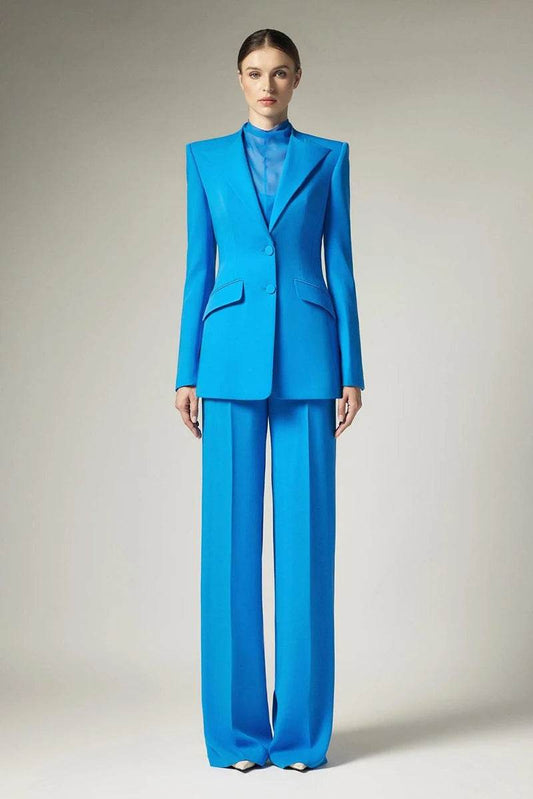 Business Women Suit Set 2 Piece Blazer Jacket Solid Color Wide Leg Pants Fashion Blue Pantsuits Coat+Trousers Customize - AIAZ