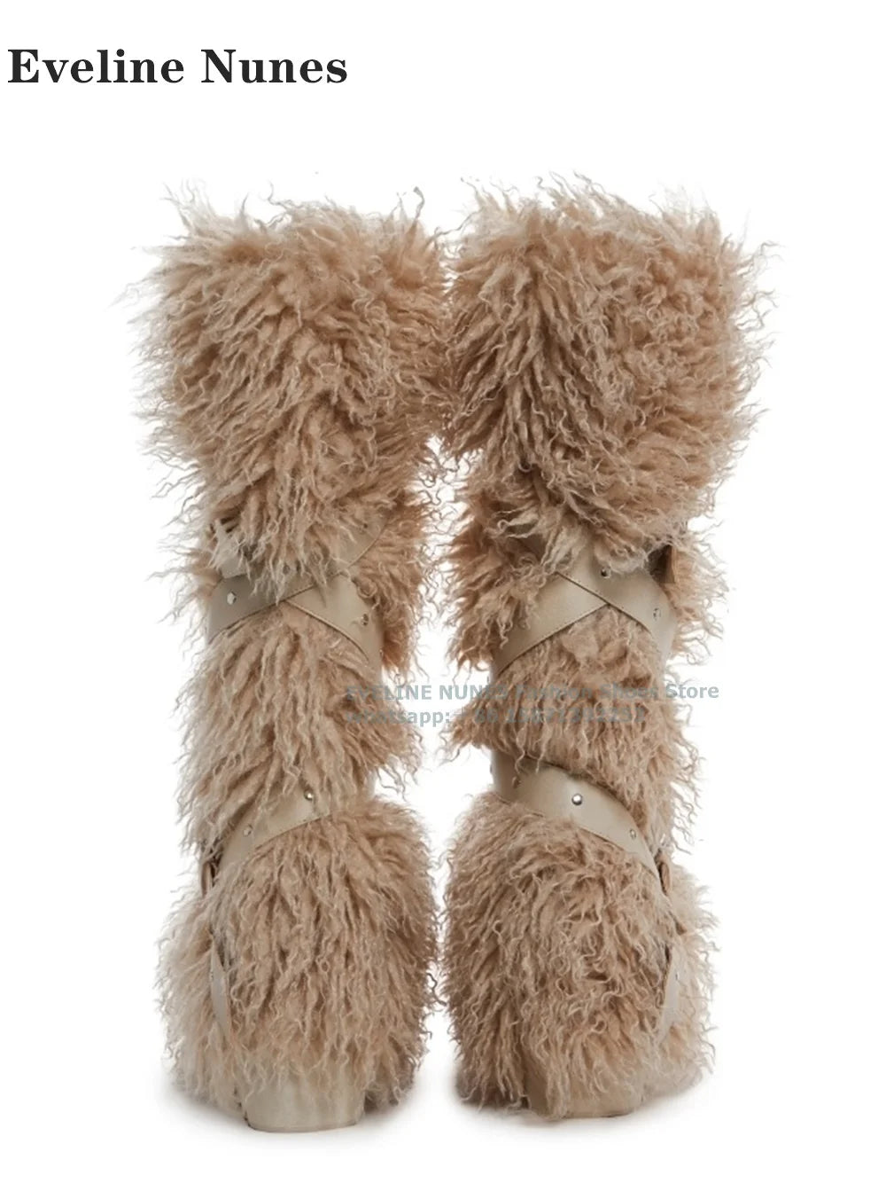Wild Instincts Faux Fur Boots Belt Buckle White Studded Rivet Ankle Wrap Women Sexy Knee High Boots Plush Warm Spicy Girl 2024