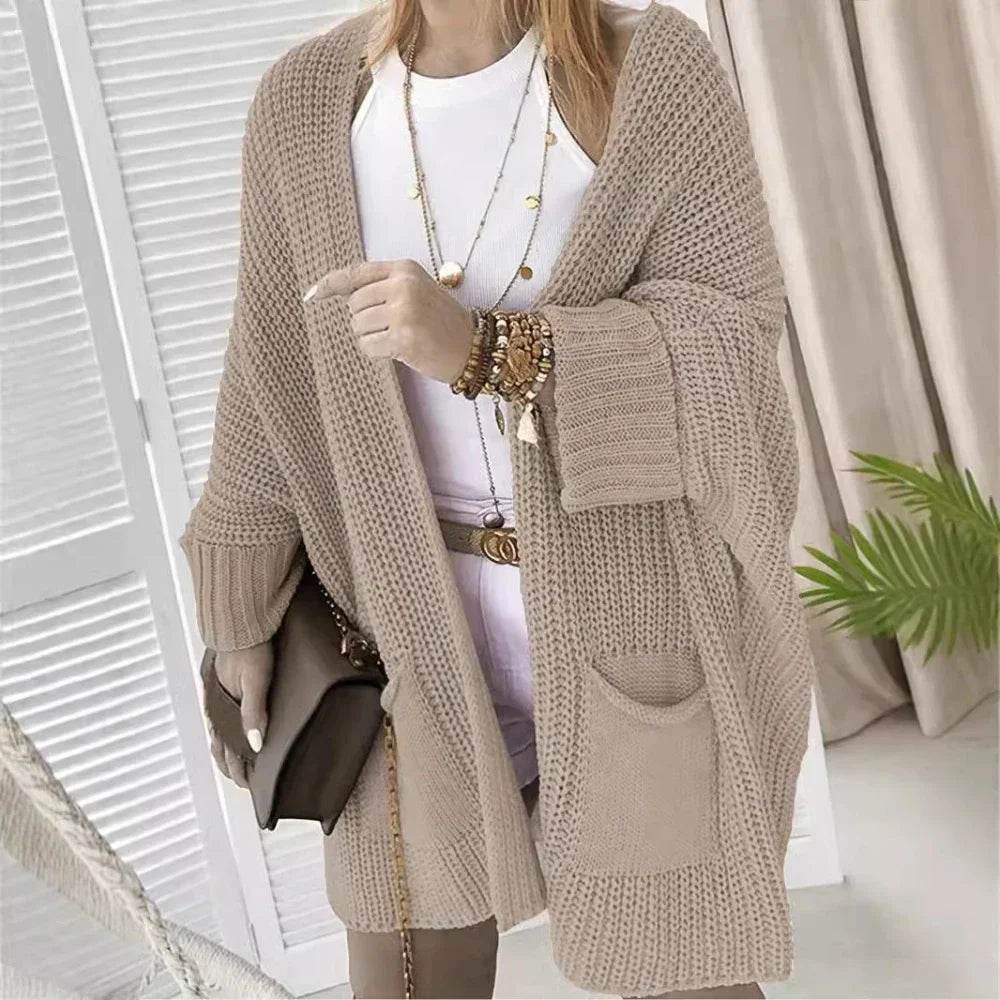 2025 New Knitted Long Cardigan for Women Autumn Casual Loose V-Neck Sweater Coats Ladies Elegant Solid Jumper Jacket with Pocket - AIAZ