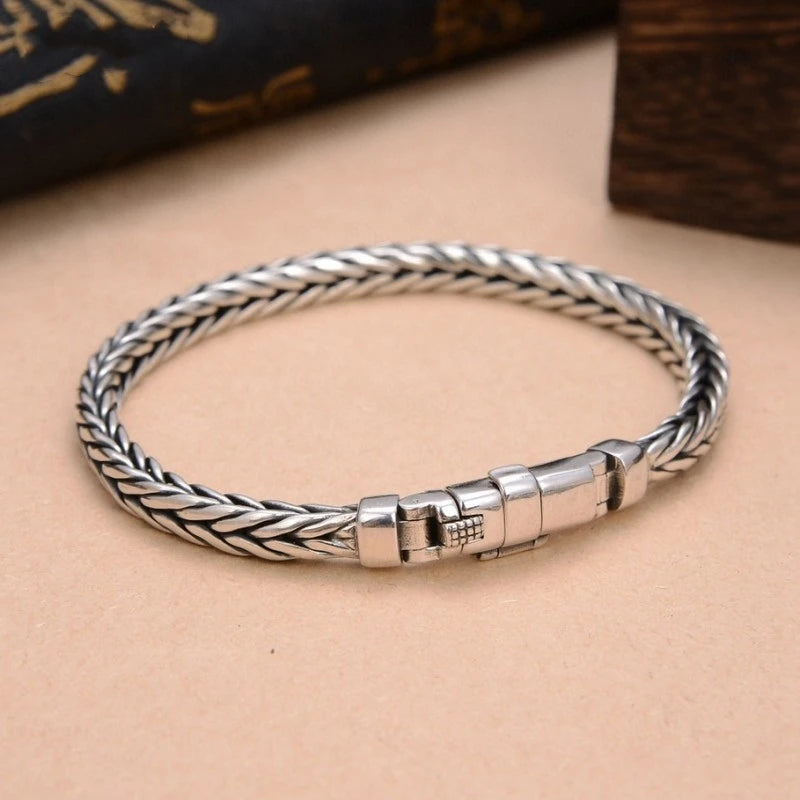 100% S925 Sterling Silver Handmade Woven Retro Domineering Style Personality Keel Man Woman Pure S925 Silver Bracelet Jewelry