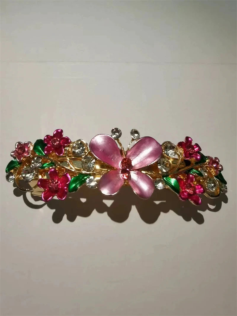 Red Crystal Flower Bow Spring Hairpin Vintage Ink Blue Rhinestone Horizontal Clip Top Clip Elegant Mom Fashion Hairpin Korean