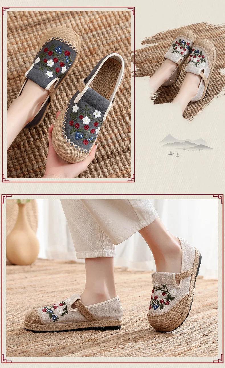 Canvas Shoes Women Linen Retro Bohemian Slip-On Flat Comfortable Loafers Ladies Casual Embroidered Hemp Sole Sneakers