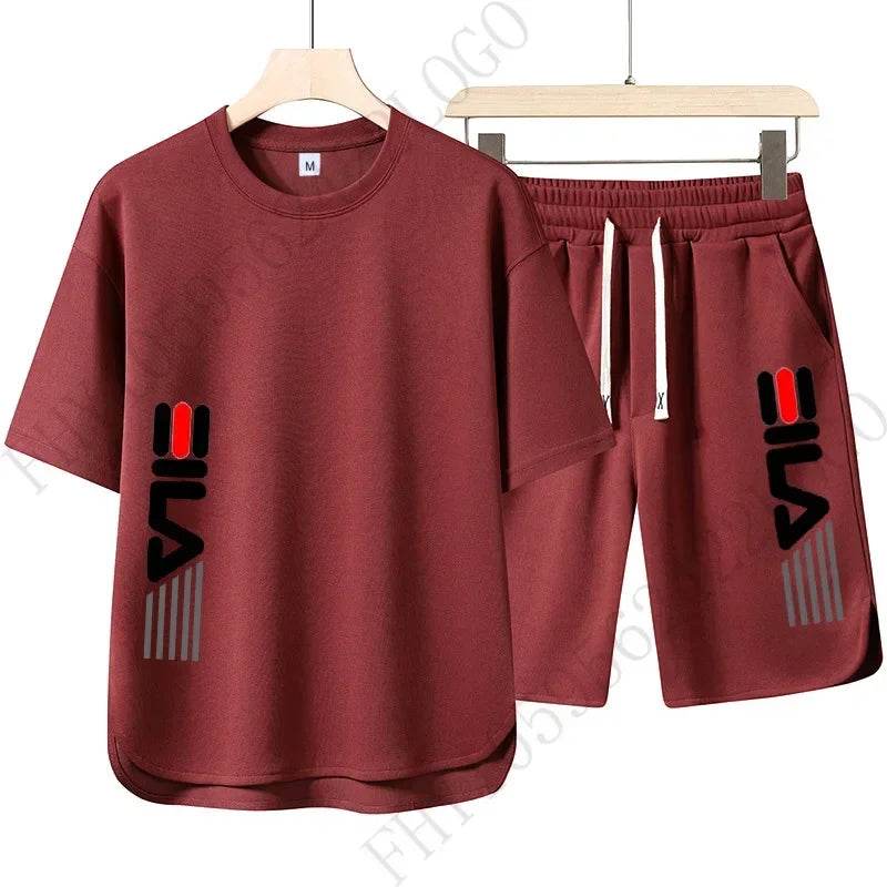 New 2025 summer men's casual round-neck T-shirt and shorts two-piece fashionable printed breathable men's short-sleeved suit - AIAZ