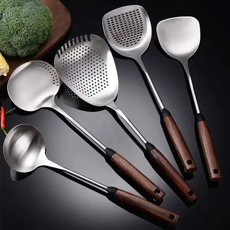 304 Stainless Steel Kitchenware Household Anti-scald Walnut Handle Cooking Spatula Set
