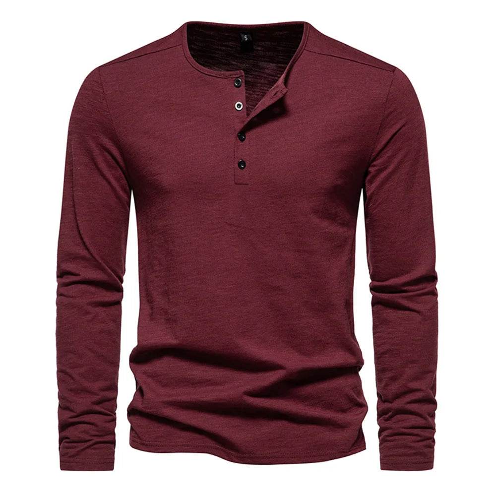 Men Long Sleeved T-shirt Cotton Slim Fit Bottoming Shirt Fitness Tops Tees Button Neck Casual Cozy Tshirt - AIAZ