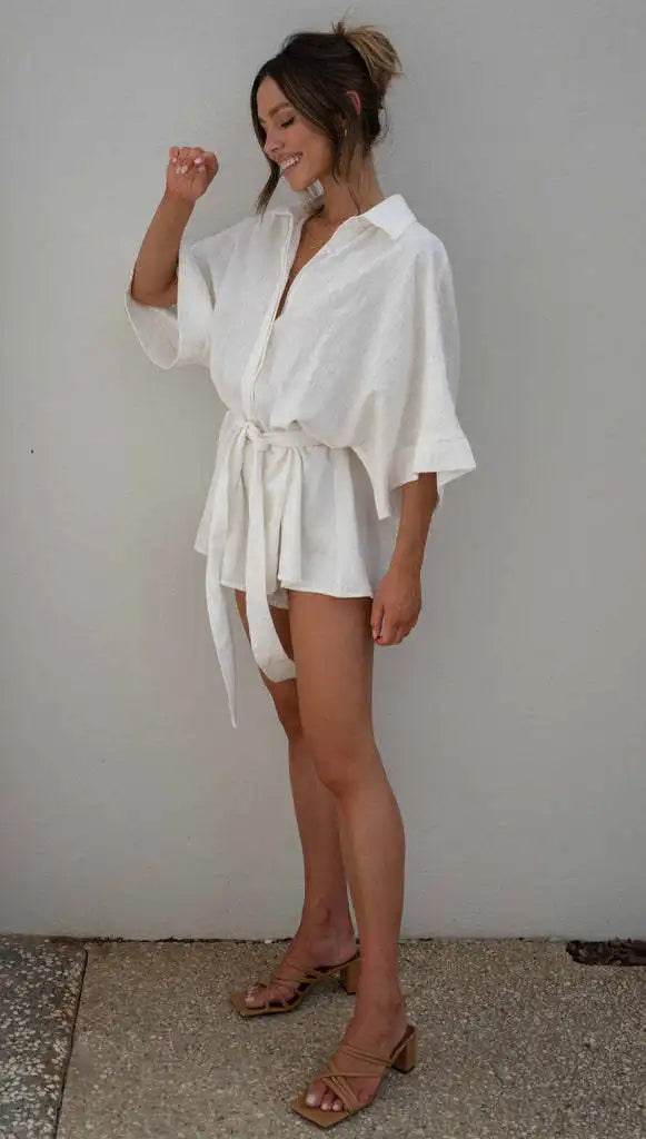 Women's Jumpsuit Spring/summer New Style With Collar Mid Sleeves Waist Strap Fashionable Loose Short Style Solid Color Jumpsuit - AIAZ