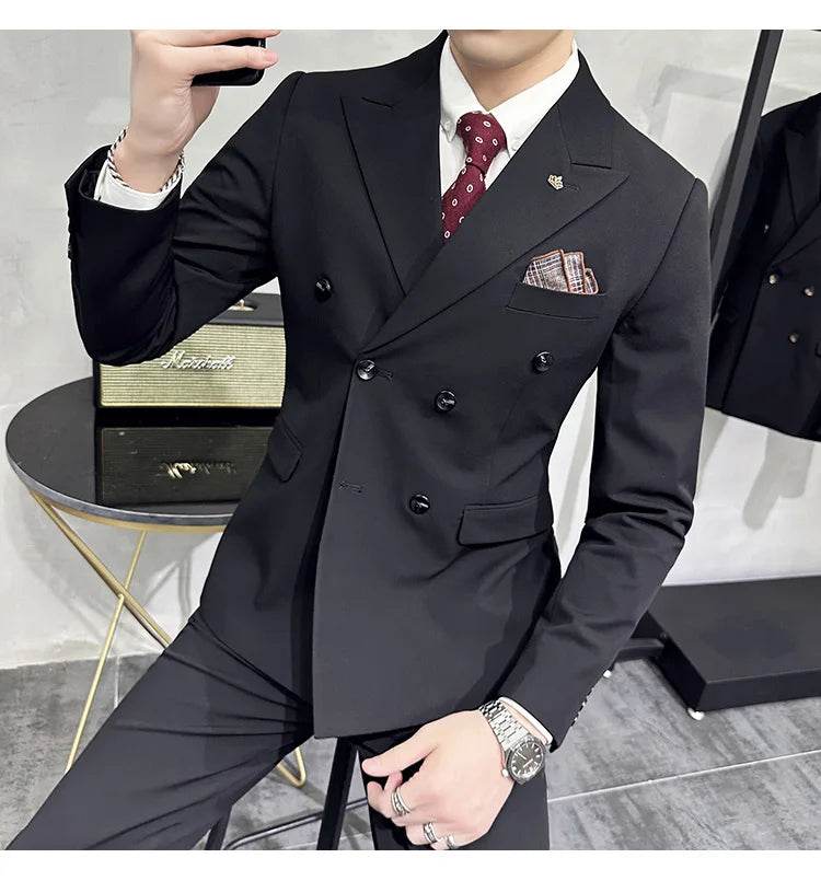 Jackets + Pants / Groom's Wedding Dress Best Fashion Mans Double -breasted Suit Blazer Trousers Male Formal Business Office Suit - AIAZ