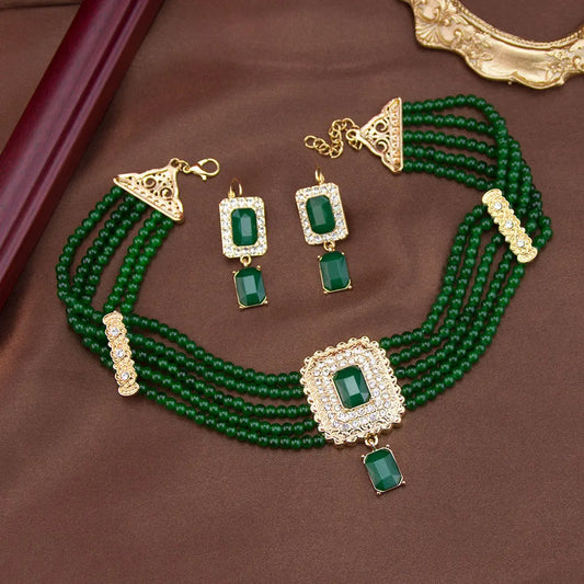 Neovisson Elegent Morocco Jewelry Set Delicate Handmade Beads Necklace Drop Earring Square Crystal Pendant Love Gift