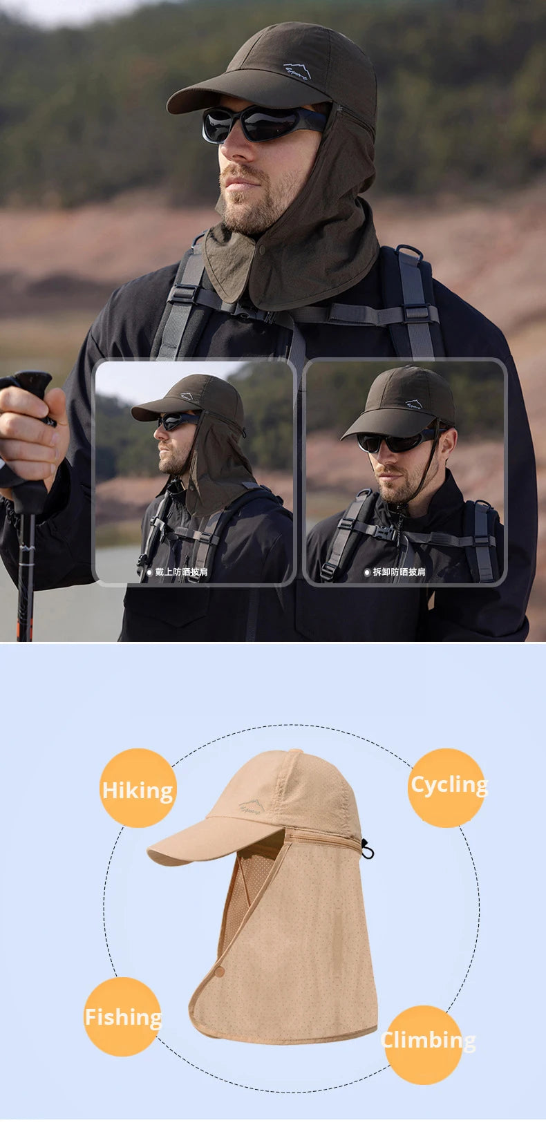 Summer Quick Drying Baseball Caps For Men Women Anti UV Sun Hat Breathable Hiking Fishing Hat Male Outdoor Detachable Shawl Hats