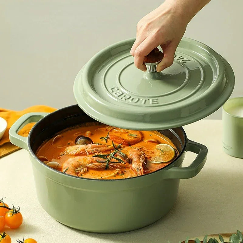 Matcha Green Enamel Cast Iron Pot, Porcelain Inner Wall, 22cm, 24cm Stock Pot, Induction Cooker Compatible, Reliable Pot