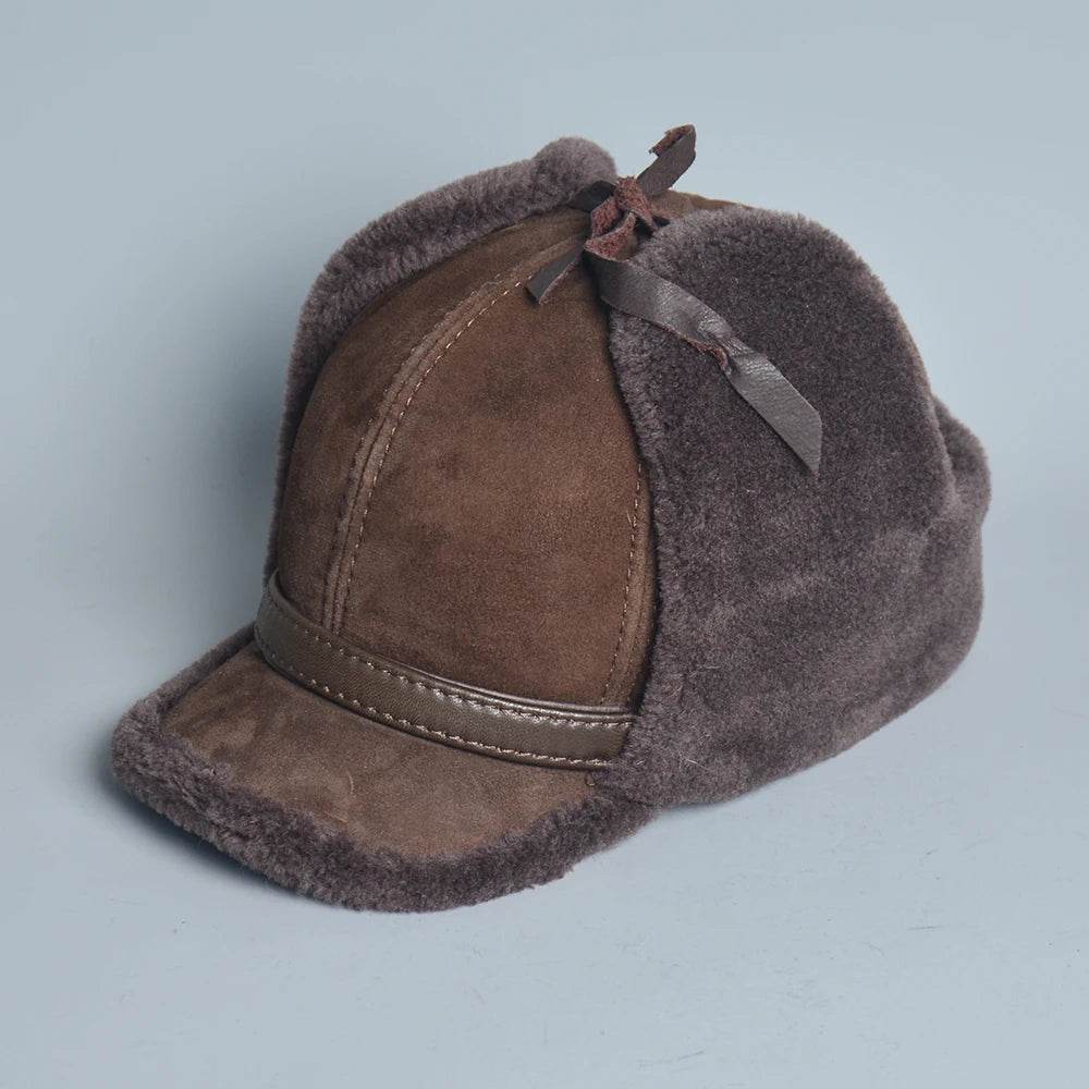 High Quality 2025 Winter Leather Hat Men Fur Lamb Wool Warm Thick Earflaps Bomber Hats Men's Baseball Cap Russian Hat - AIAZ