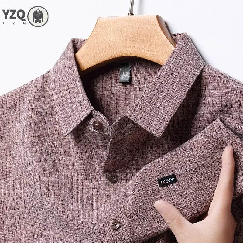 2025 Men's Business Casual Plaid Linen Short Sleeved Shirt Comfortable Top - AIAZ