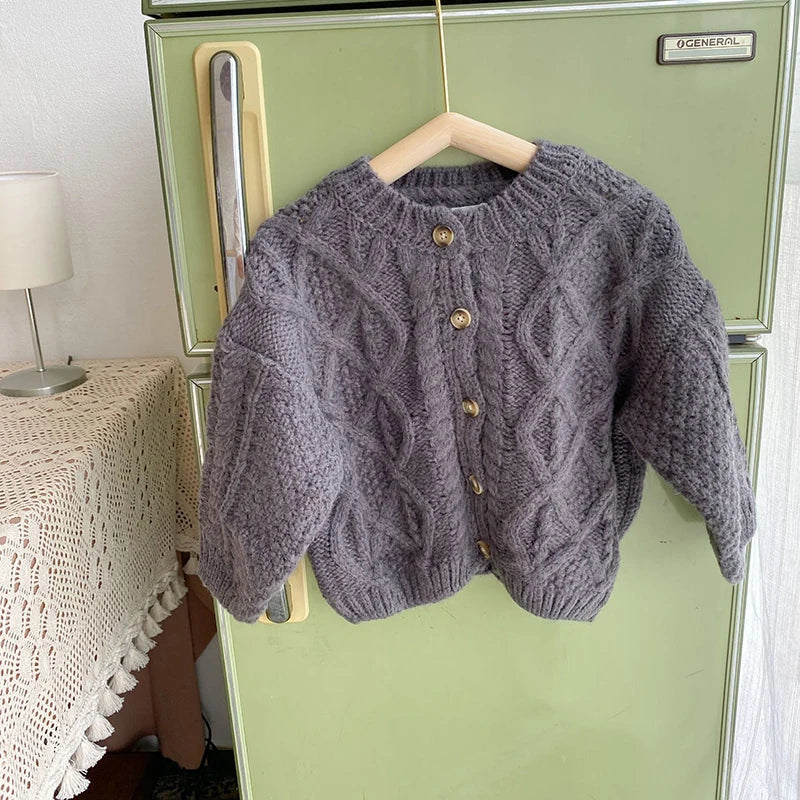 1 2 3 4 5 6 7 8 Years Girls Knitted Sweater Cardigan New Fashion Baby Coarse Wool Hemp Retro Cardigan Boys Coat Kids Clothes