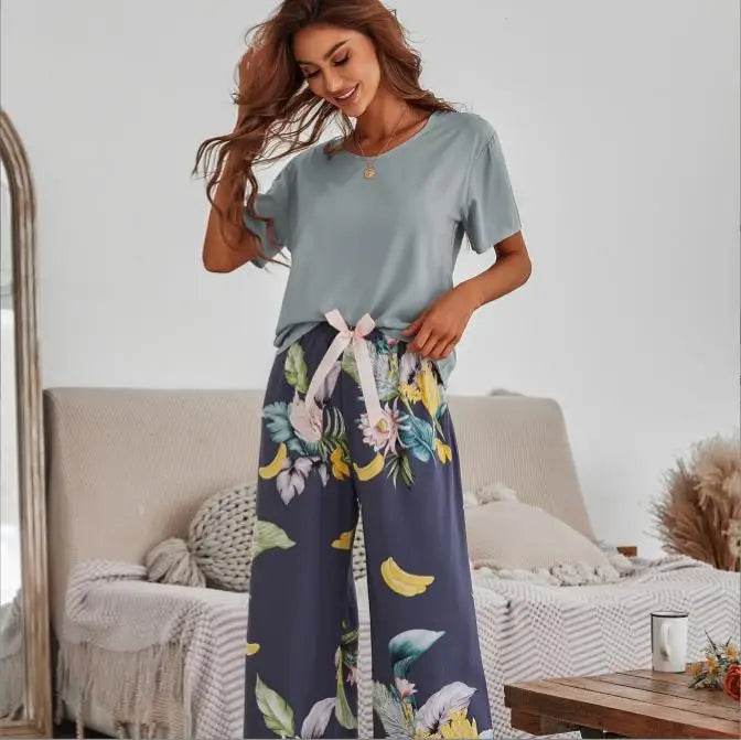 Breathable 2PCS Pajama Short Sleeve Printed Pijama Mujer Femme Loose Nightwear Suit Female Casual Homewear Pajama Set For Women - AIAZ