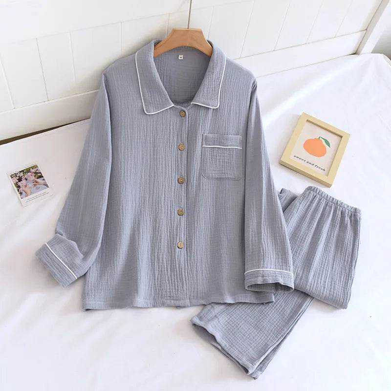 Solid Breathable Lovers 100% Cotton Crepe Pajamas Sets Women Men Autumn Long Sleeve Fresh Soft Pijama Mujer Casual Pyjamas - AIAZ