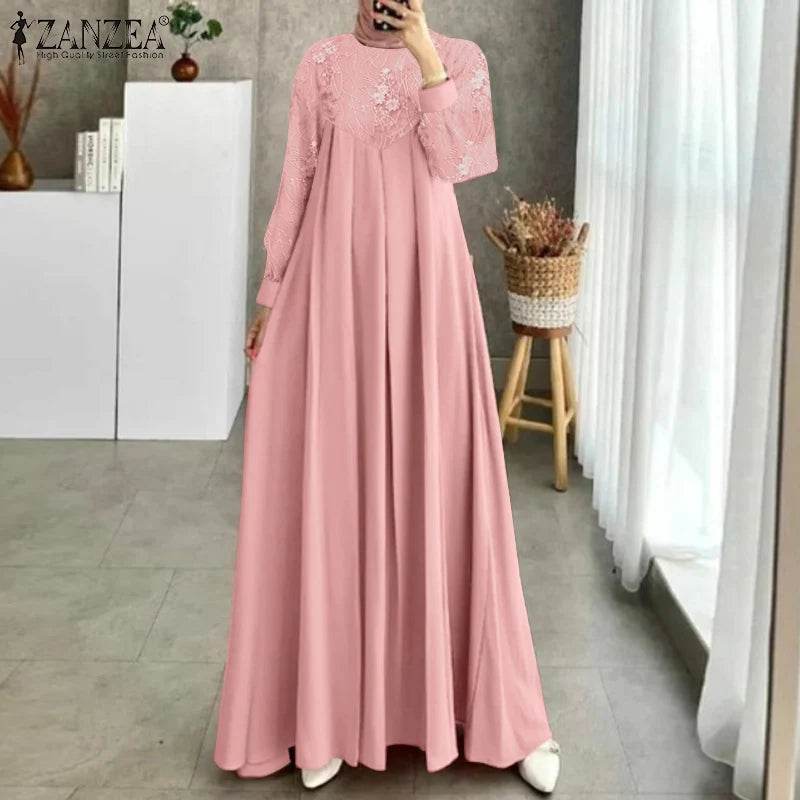 Autumn Muslim Fashion Long Dress ZANZEA Women Long Sleeve O Neck Vestidos Dubai Kaftan Maxi Sundress Robe Elegant Lace Abaya - AIAZ