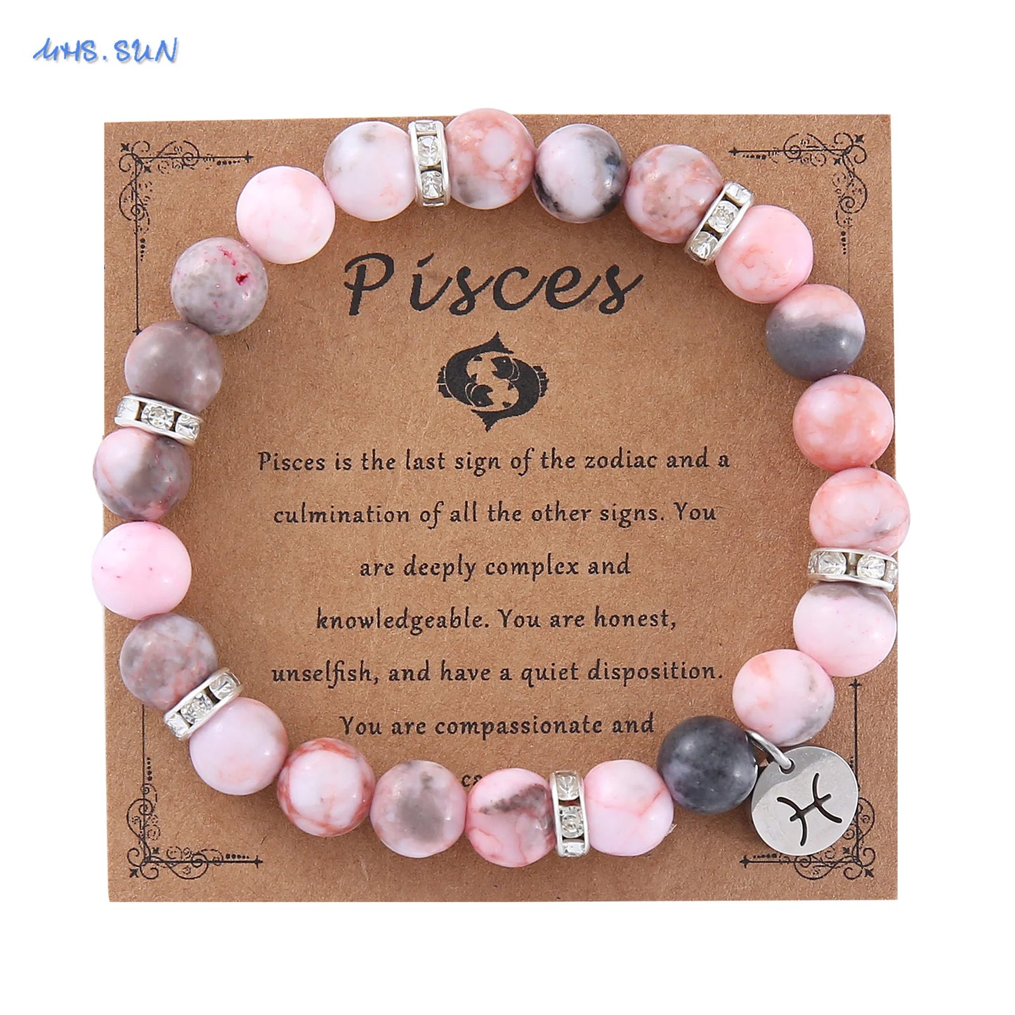 MHS.SUN 12 Star Zodiac Sign Pink Zebra Stone Beaded Bracelets Constellation Fashion Birthday Party Jewelry For Women Men