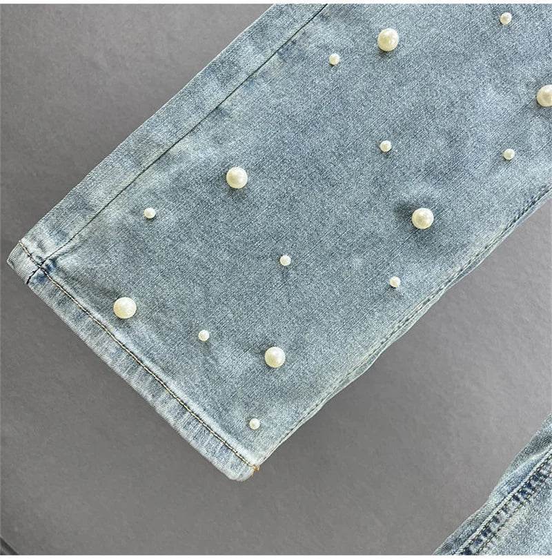 Denim Pants Fashion Beaded Jeans Wide-Leg Pants Female Tide 2025 New Spring And Summer High Waist Loose Mop Pants - AIAZ