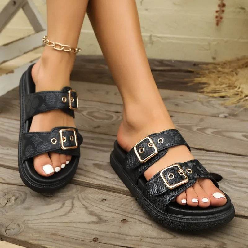 Fashion Thick-soled Metal Buckle Designer Slippers Women's Home Soft-soled EVA Sandals Women's Summer Non-slip Beach Flip-flops - AIAZ