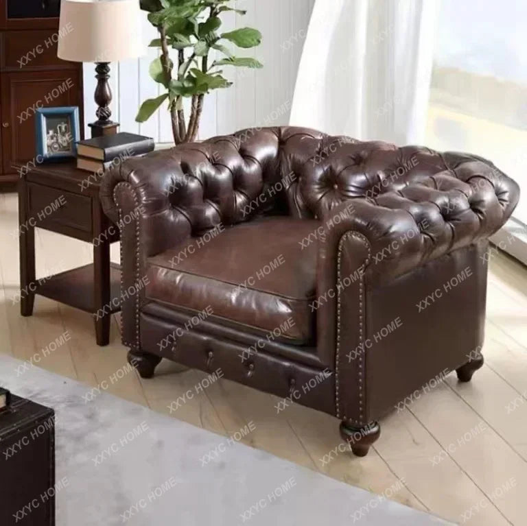 Imitation Oil Wax Leather Vintage Style Roll Arm Chesterfield Sofa Living Room Furniture de Salon
