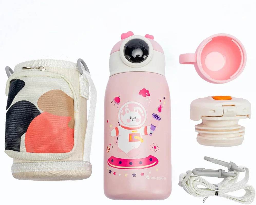 Kids Titanium Insulated Water Bottle, 2 Lids, 19 oz, Leak Proof, Crossbody Mug, Straw - AIAZ